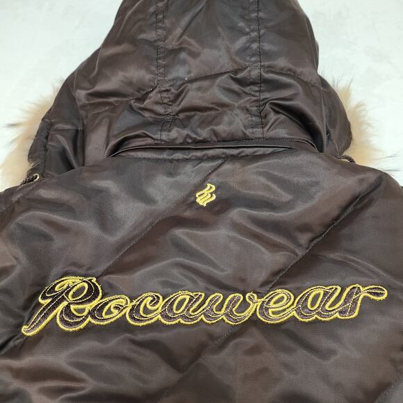 Vintage Y2k Rocawear Jacket Womens XL Down Filled Fur Trim Brown Bomber Brown - Picture 8 of 14